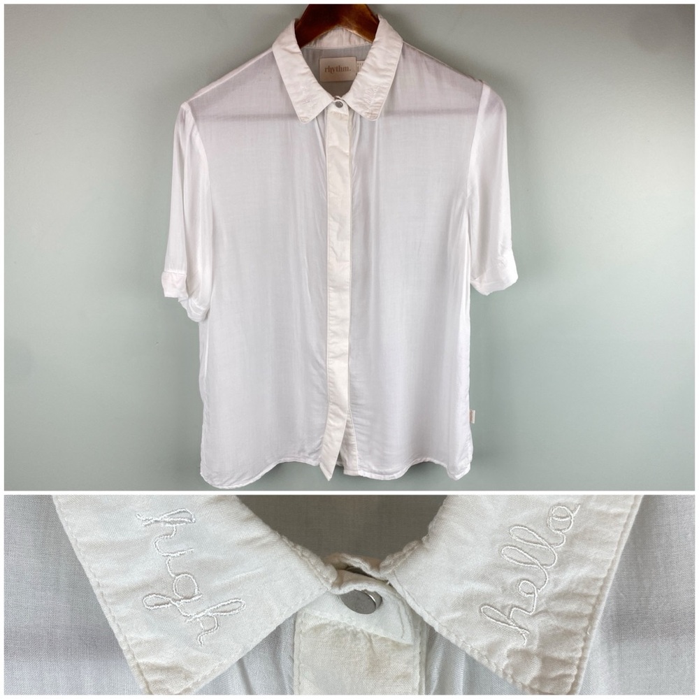 Rhythm. “High” “Hello” embroidered collar white button down blouse sz Medium